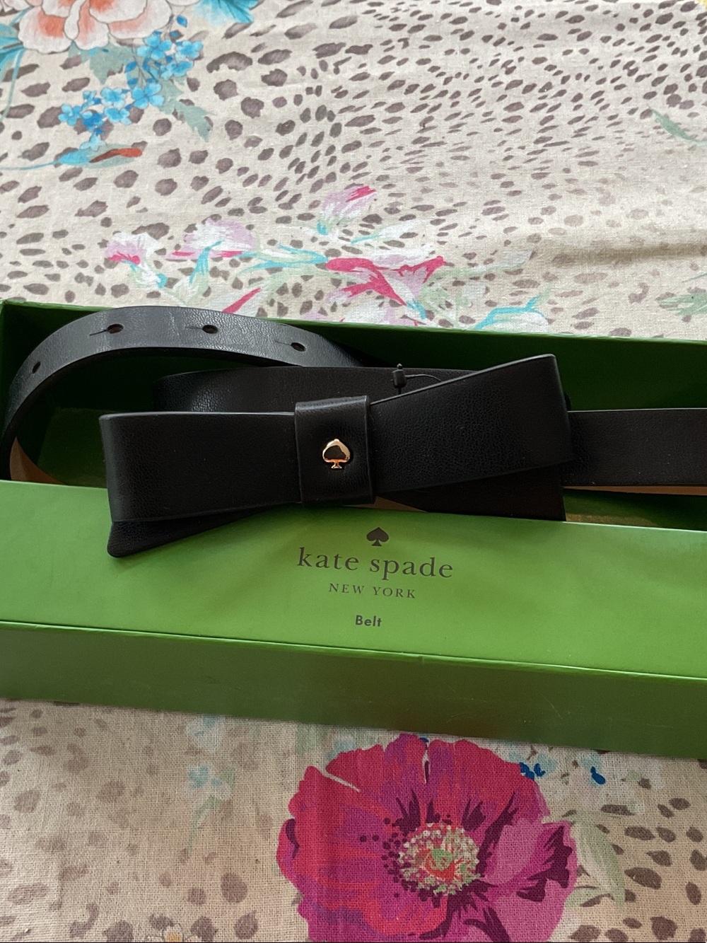 kate spade black leather bow belt with gold spade accent